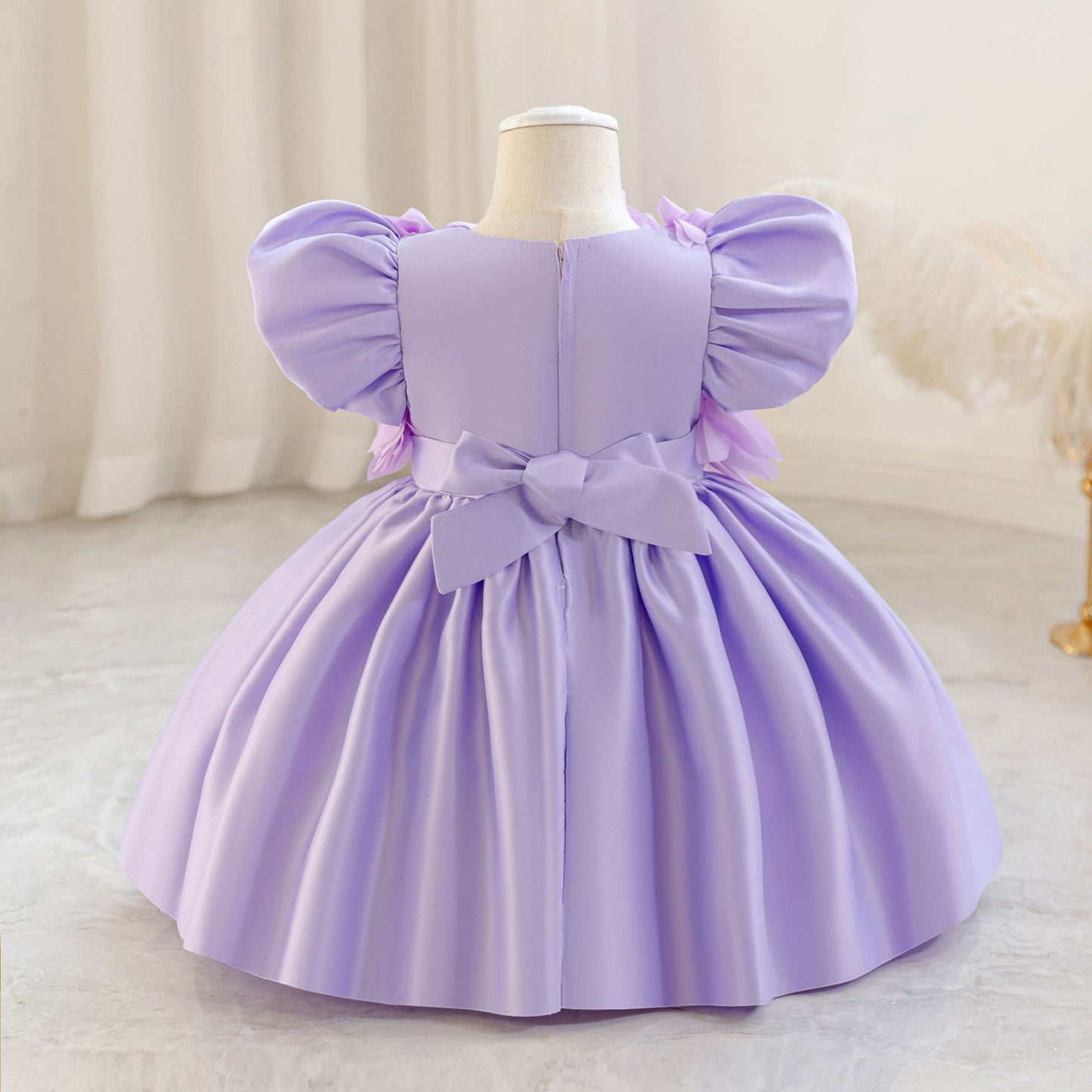 Puffy Sleeve Satin Flower Girl Dress | Kids Party & Birthday Outfit