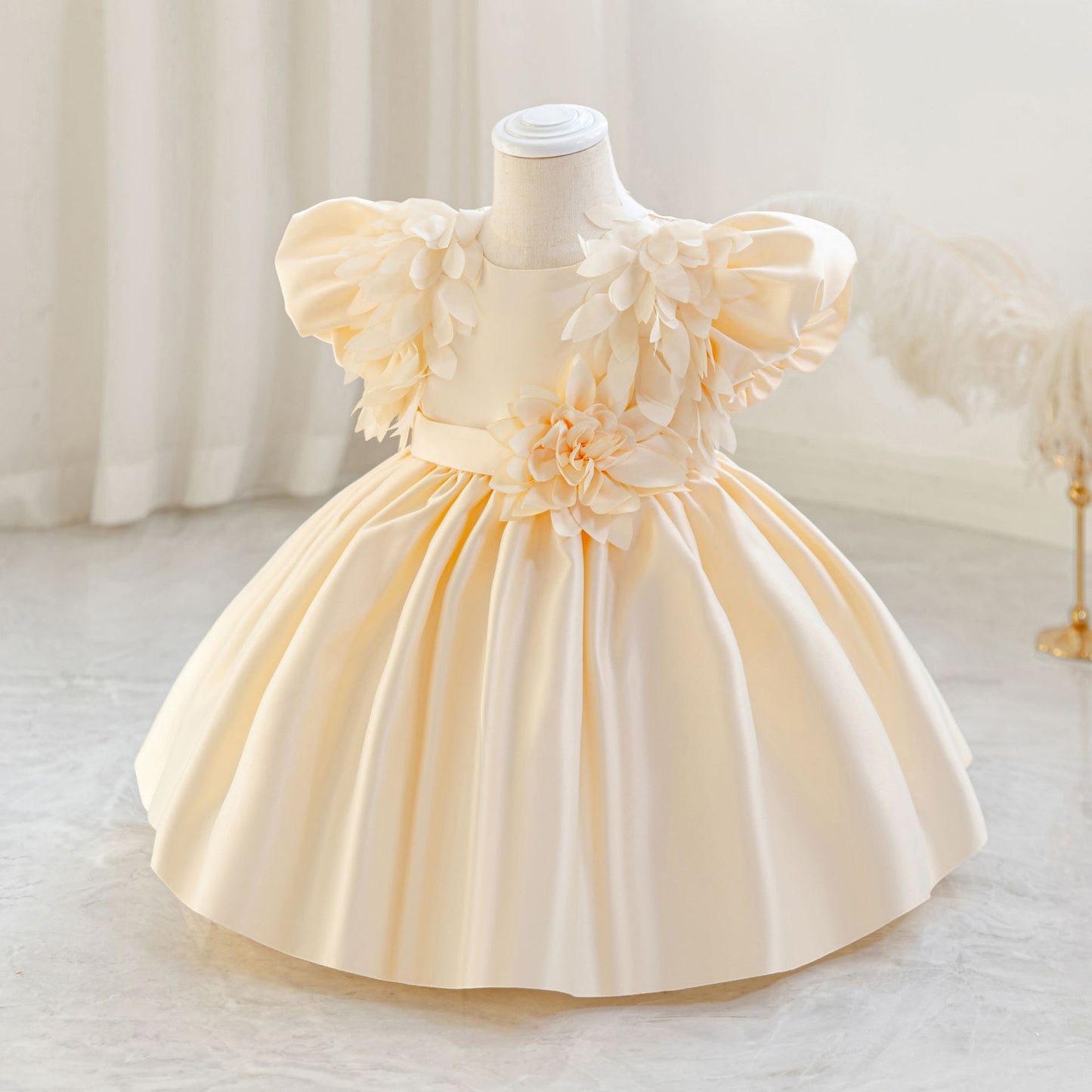 Puffy Sleeve Satin Flower Girl Dress | Kids Party & Birthday Outfit