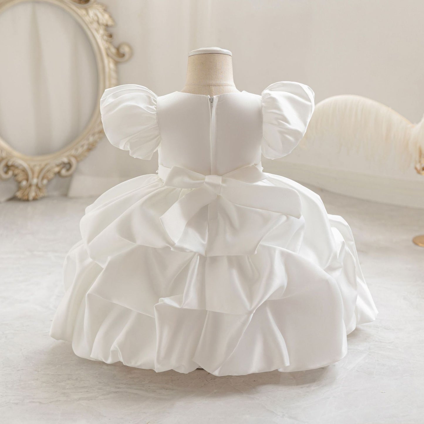 Puffy Satin Princess Dress with Sequins & Beads | Girls' Cute Party Gown
