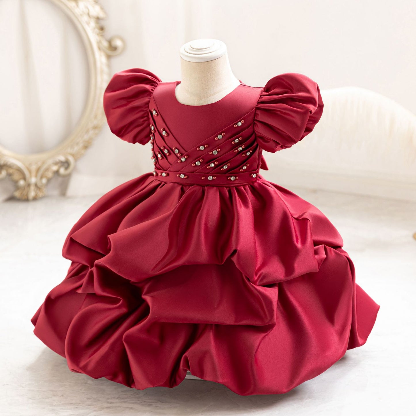 Puffy Satin Princess Dress with Sequins & Beads | Girls' Cute Party Gown