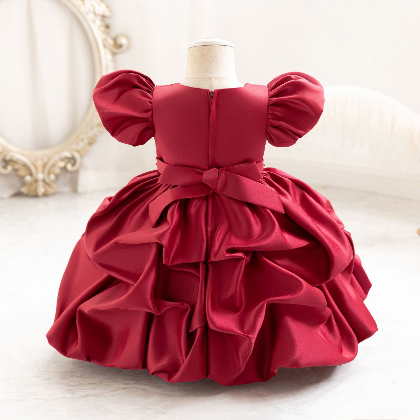 Puffy Satin Princess Dress with Sequins & Beads | Girls' Cute Party Gown