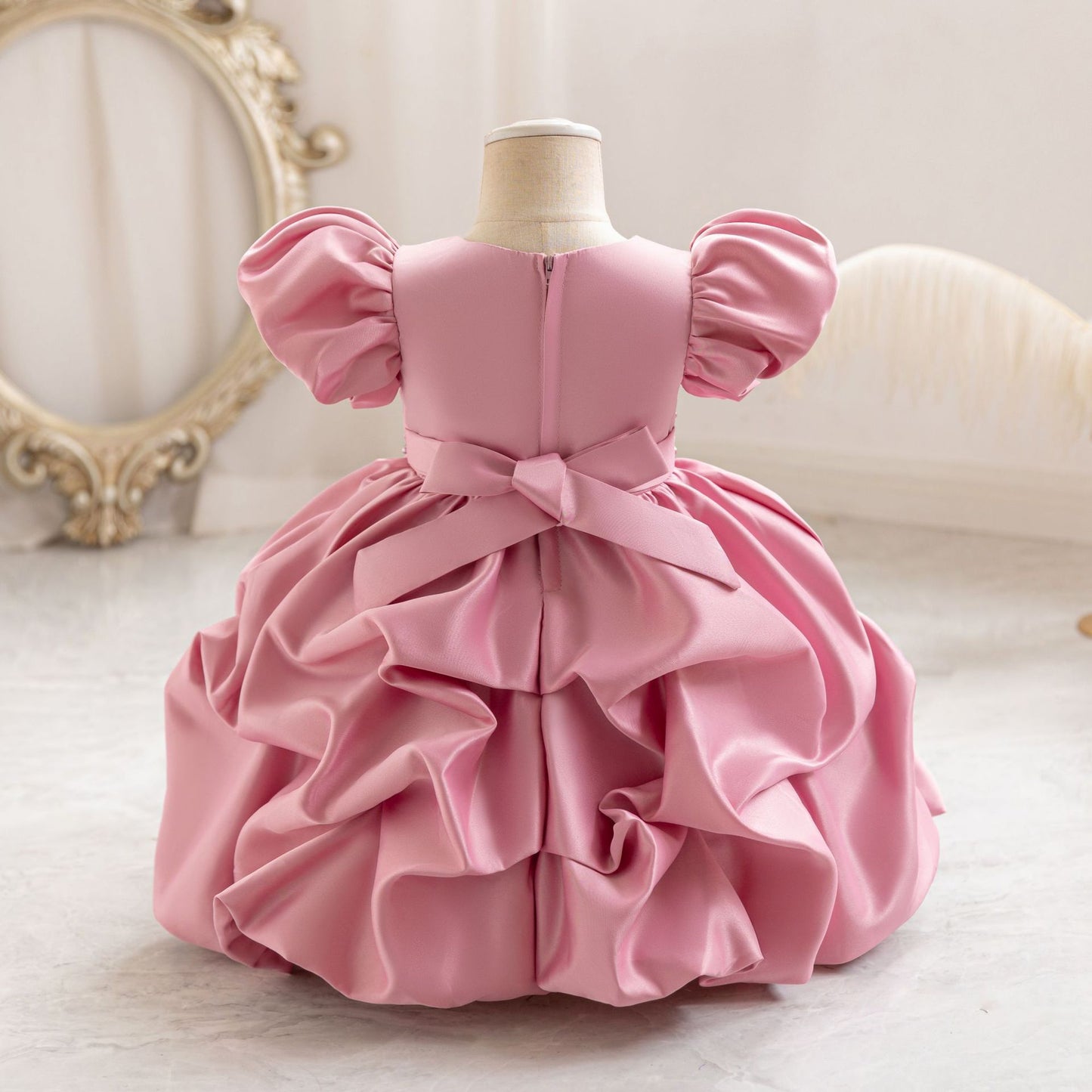 Puffy Satin Princess Dress with Sequins & Beads | Girls' Cute Party Gown