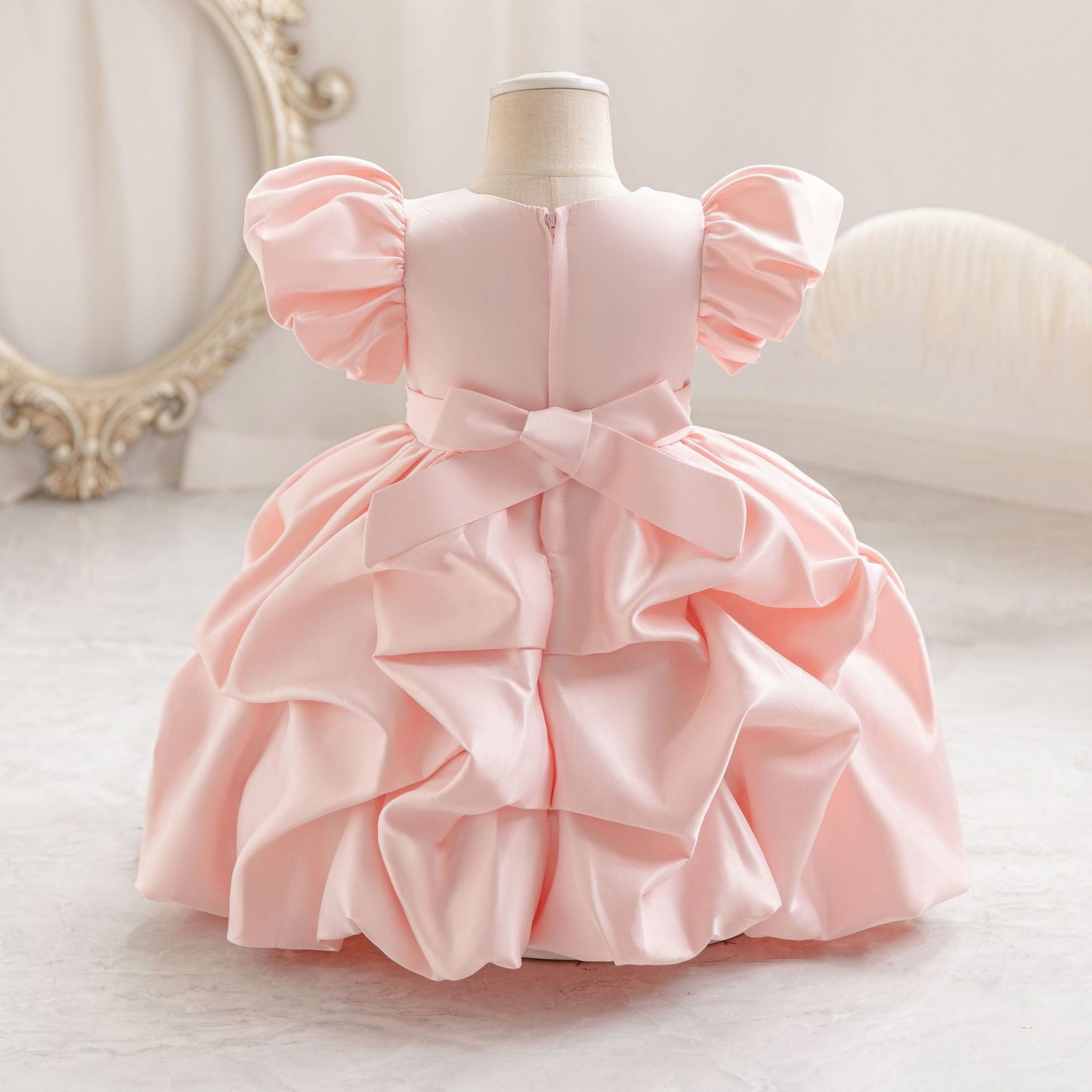 Puffy Satin Princess Dress with Sequins & Beads | Girls' Cute Party Gown