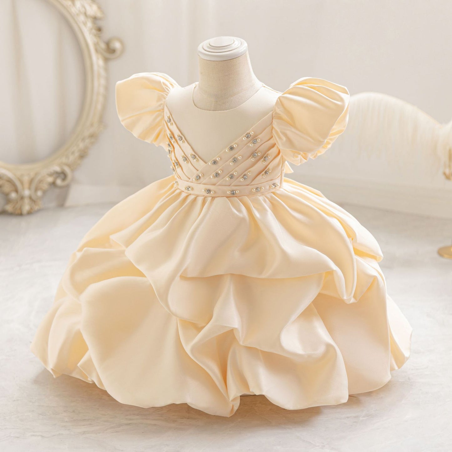 Puffy Satin Princess Dress with Sequins & Beads | Girls' Cute Party Gown