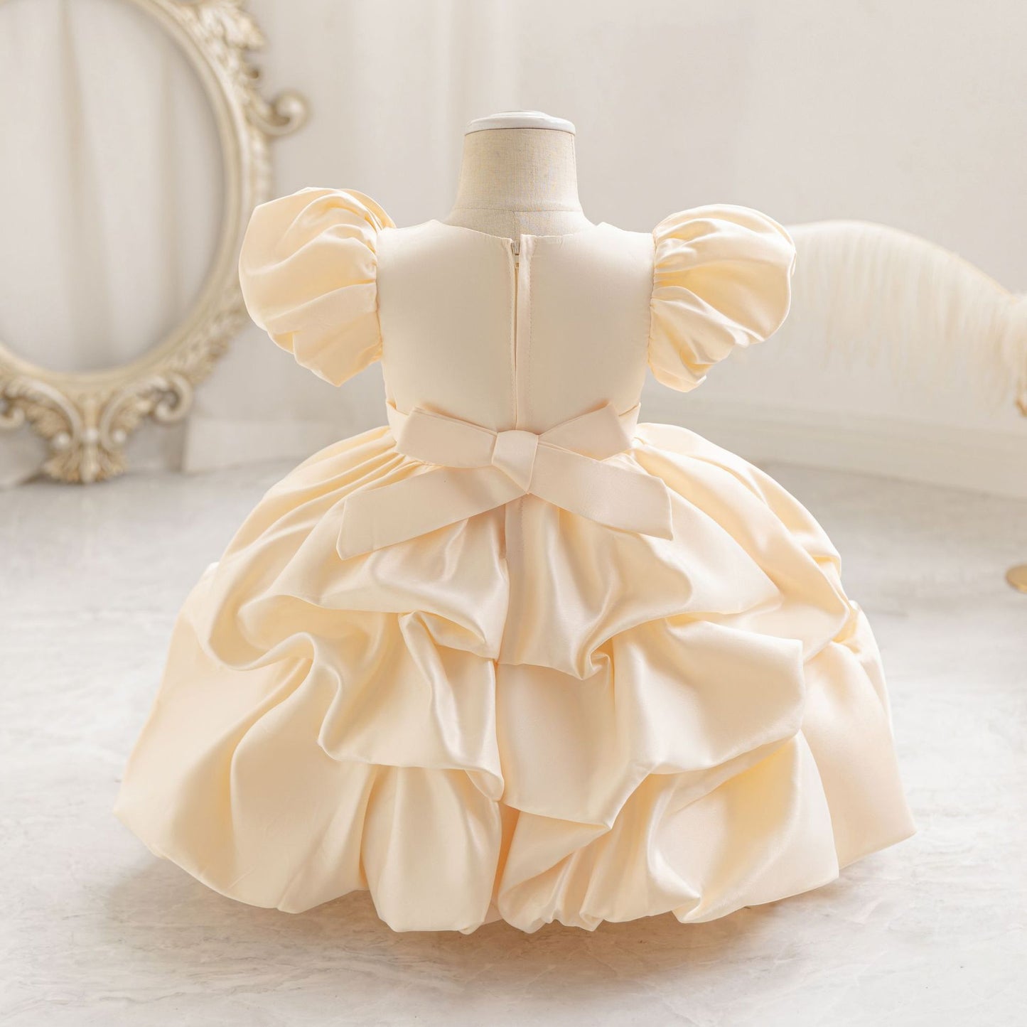 Puffy Satin Princess Dress with Sequins & Beads | Girls' Cute Party Gown