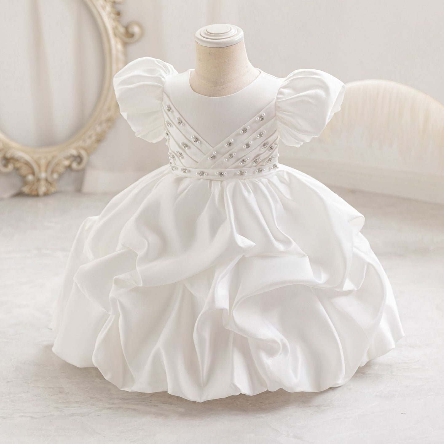 Puffy Satin Princess Dress with Sequins & Beads | Girls' Cute Party Gown