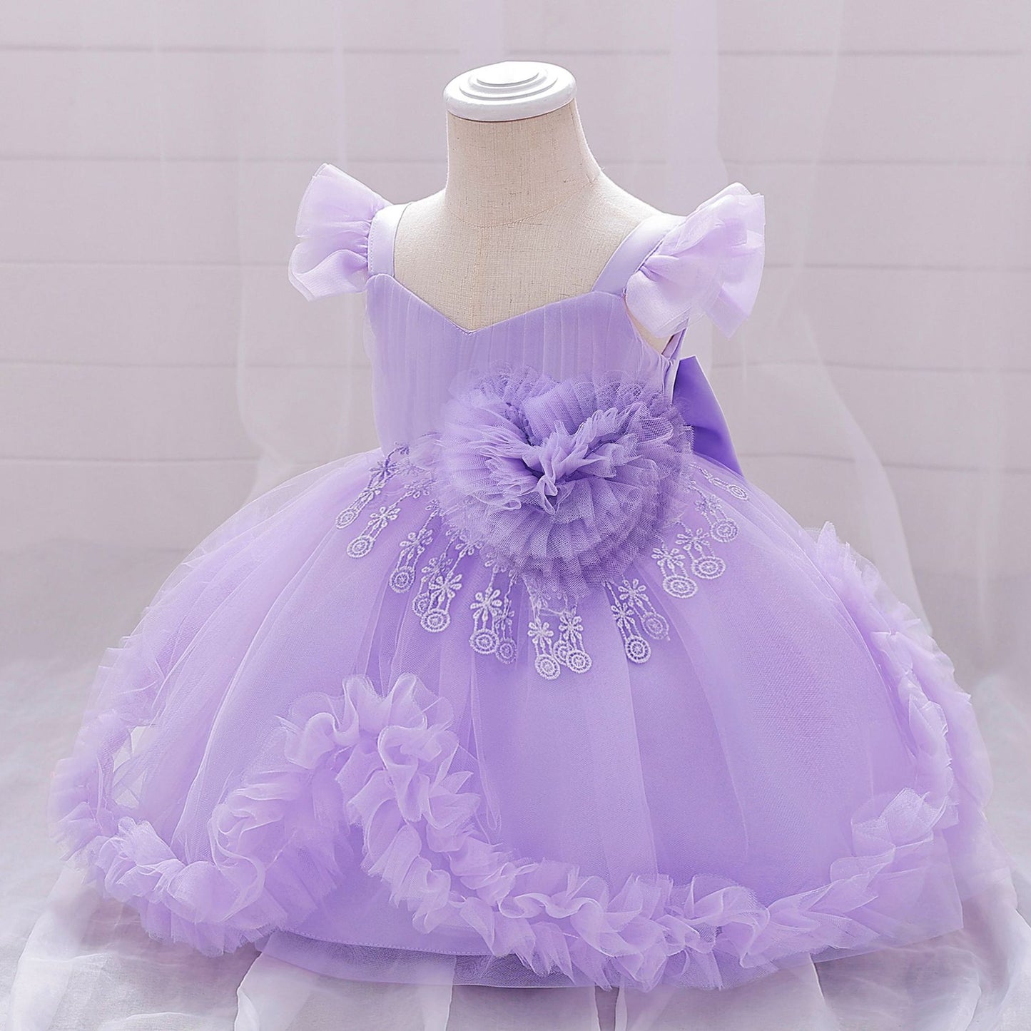 Cute Puffy Tulle Flower Girl Dress for Party & Wedding – Lace & Bow Detail