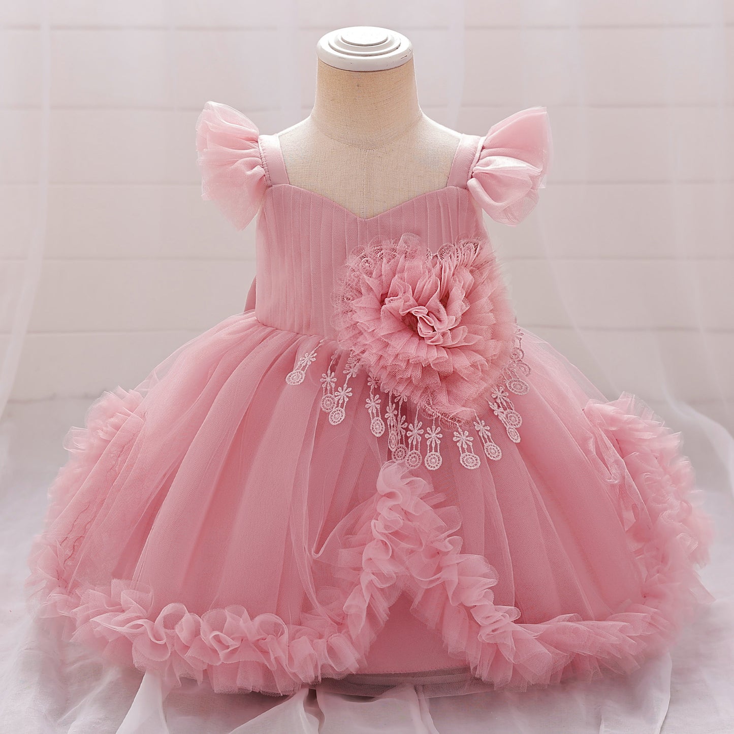 Cute Puffy Tulle Flower Girl Dress for Party & Wedding – Lace & Bow Detail