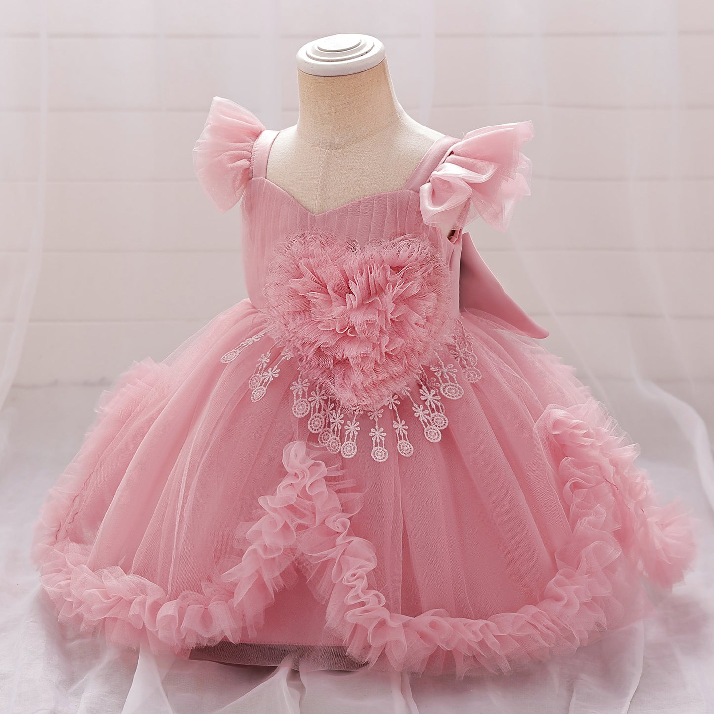 Cute Puffy Tulle Flower Girl Dress for Party & Wedding – Lace & Bow Detail
