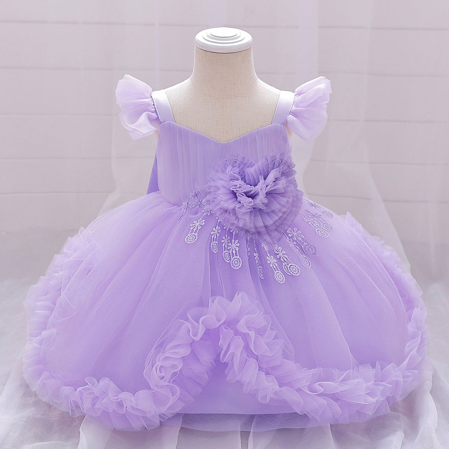Cute Puffy Tulle Flower Girl Dress for Party & Wedding – Lace & Bow Detail