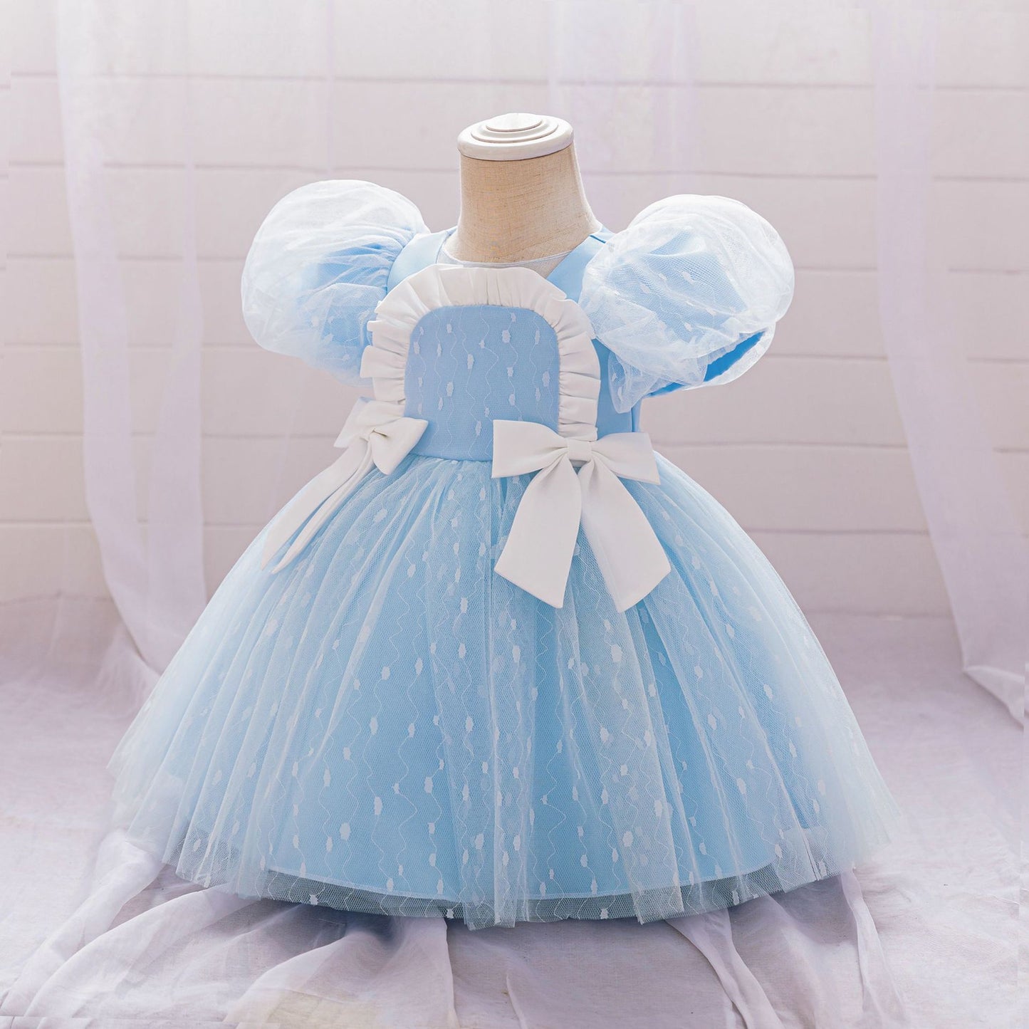 Puffy Tulle Flower Girl Princess Dress with Bow | Cute Bubble Sleeve Toddler Gown