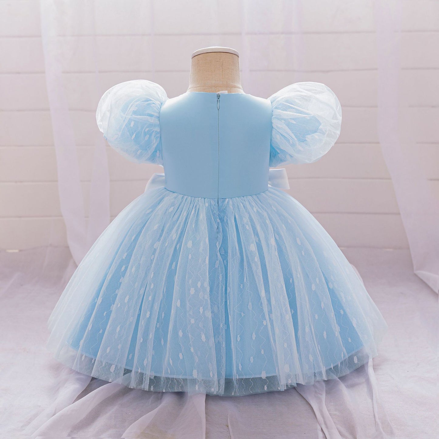 Puffy Tulle Flower Girl Princess Dress with Bow | Cute Bubble Sleeve Toddler Gown