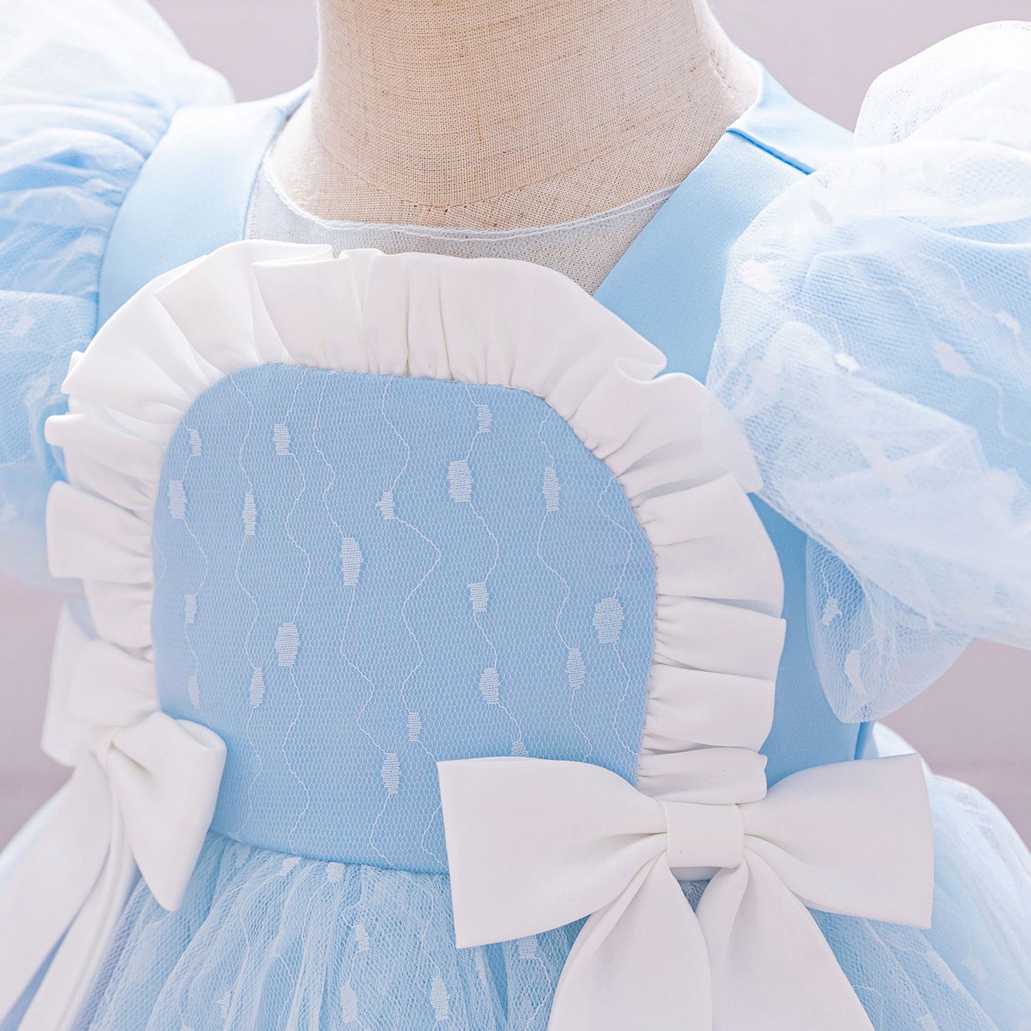 Puffy Tulle Flower Girl Princess Dress with Bow | Cute Bubble Sleeve Toddler Gown