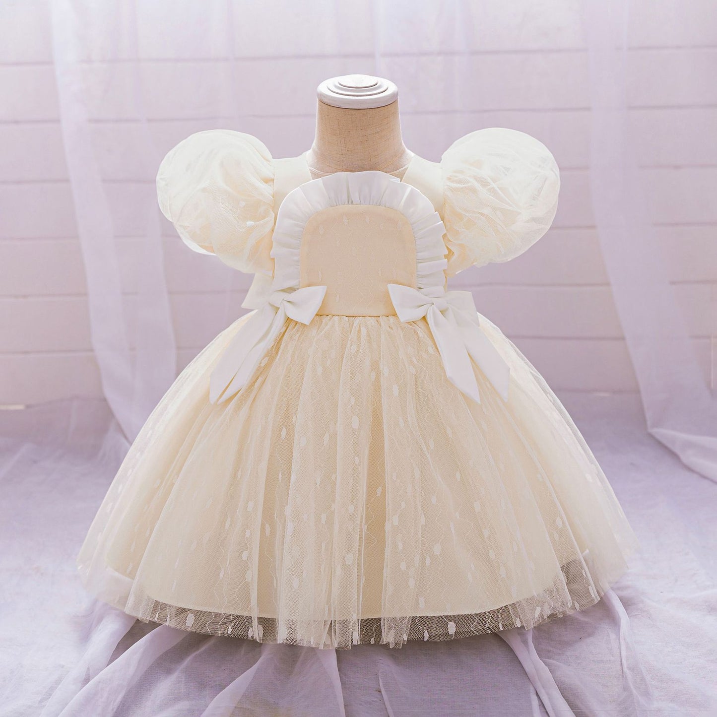 Puffy Tulle Flower Girl Princess Dress with Bow | Cute Bubble Sleeve Toddler Gown