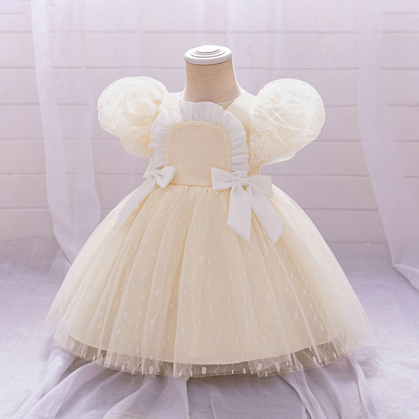 Puffy Tulle Flower Girl Princess Dress with Bow | Cute Bubble Sleeve Toddler Gown