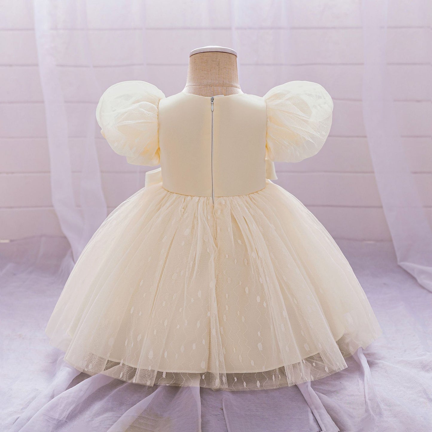 Puffy Tulle Flower Girl Princess Dress with Bow | Cute Bubble Sleeve Toddler Gown