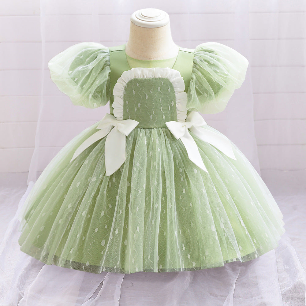Puffy Tulle Flower Girl Princess Dress with Bow | Cute Bubble Sleeve Toddler Gown