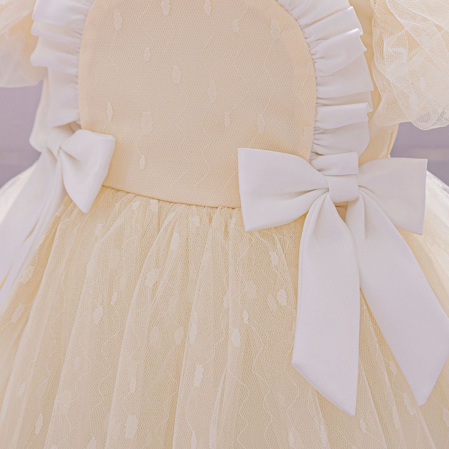 Puffy Tulle Flower Girl Princess Dress with Bow | Cute Bubble Sleeve Toddler Gown