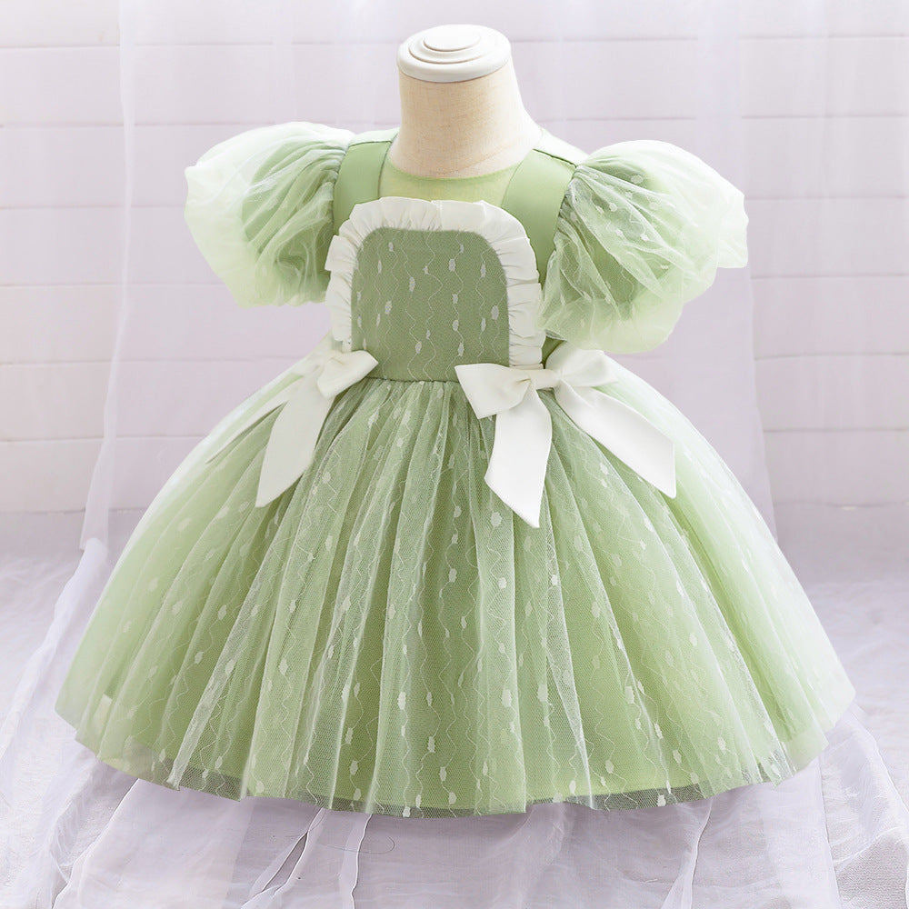 Puffy Tulle Flower Girl Princess Dress with Bow | Cute Bubble Sleeve Toddler Gown