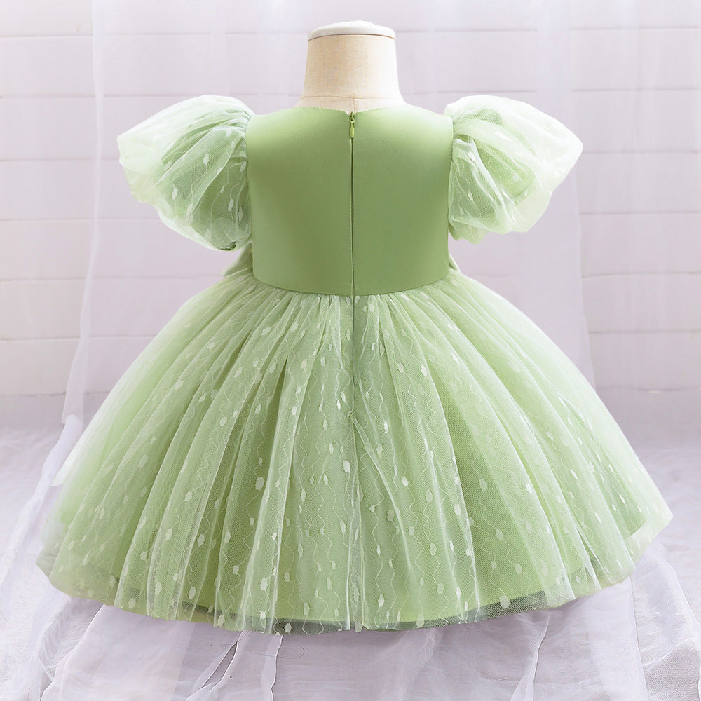 Puffy Tulle Flower Girl Princess Dress with Bow | Cute Bubble Sleeve Toddler Gown