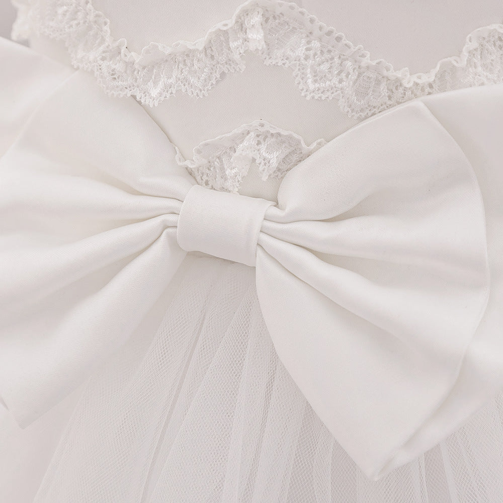 Puffy Ball Gown Tulle Dress with Bow & Lace for Girls – Tea Length Birthday Party Dress