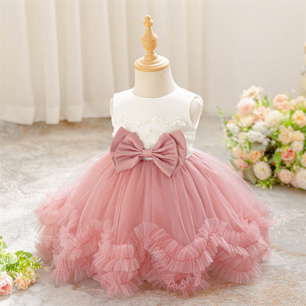 Puffy Ball Gown Tulle Dress with Bow & Lace for Girls – Tea Length Birthday Party Dress