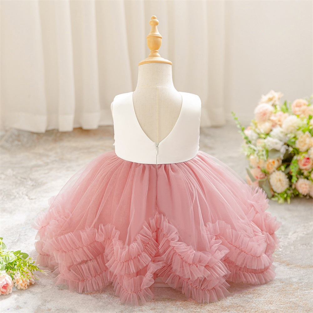 Puffy Ball Gown Tulle Dress with Bow & Lace for Girls – Tea Length Birthday Party Dress
