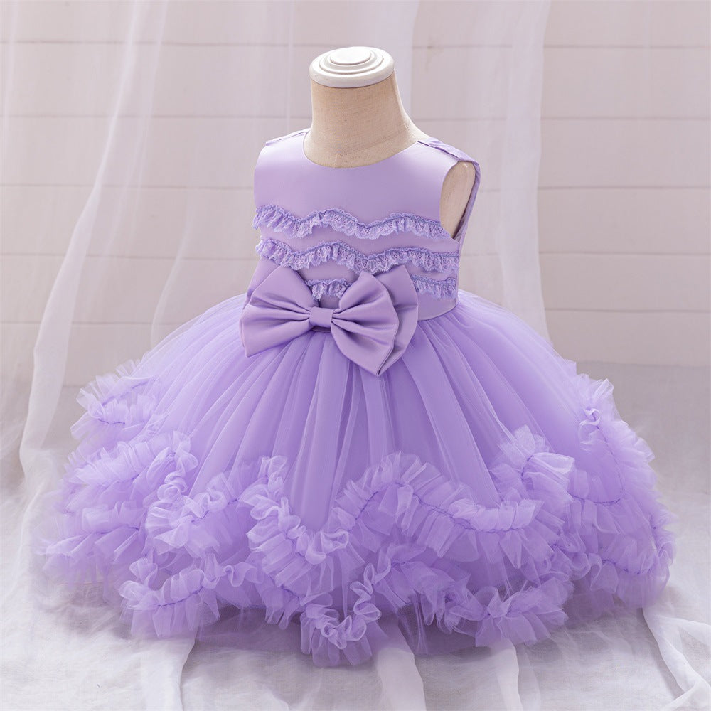 Puffy Ball Gown Tulle Dress with Bow & Lace for Girls – Tea Length Birthday Party Dress
