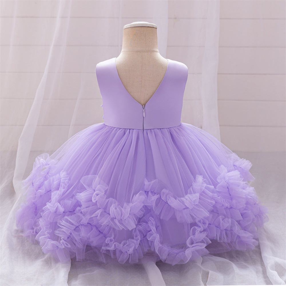 Puffy Ball Gown Tulle Dress with Bow & Lace for Girls – Tea Length Birthday Party Dress