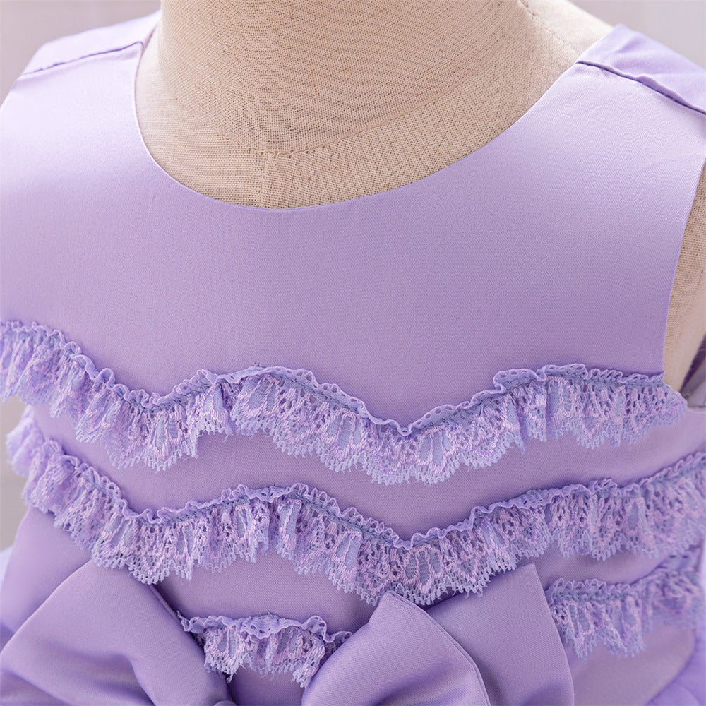 Puffy Ball Gown Tulle Dress with Bow & Lace for Girls – Tea Length Birthday Party Dress