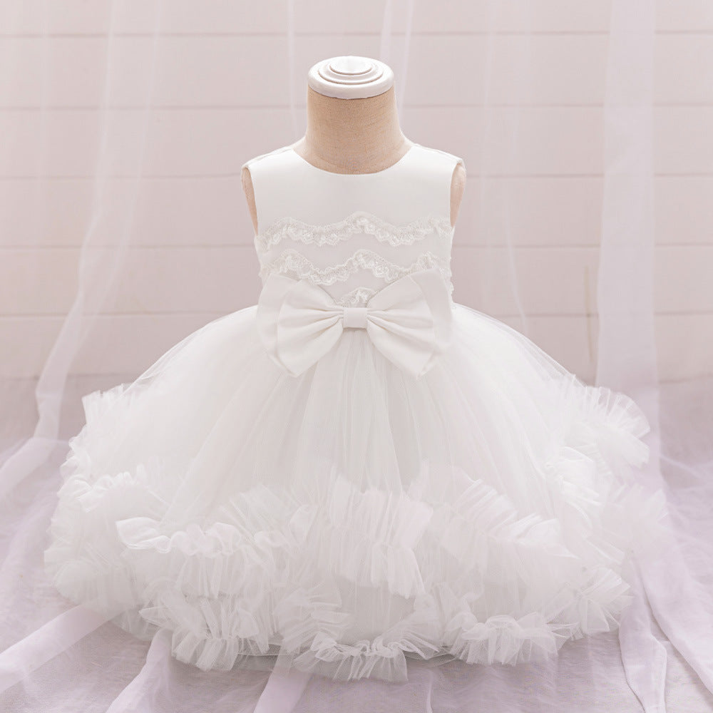 Cute Puffy Tulle Flower Girl Ball Gown Dress – Tiered Pleated Bow White Party Dress