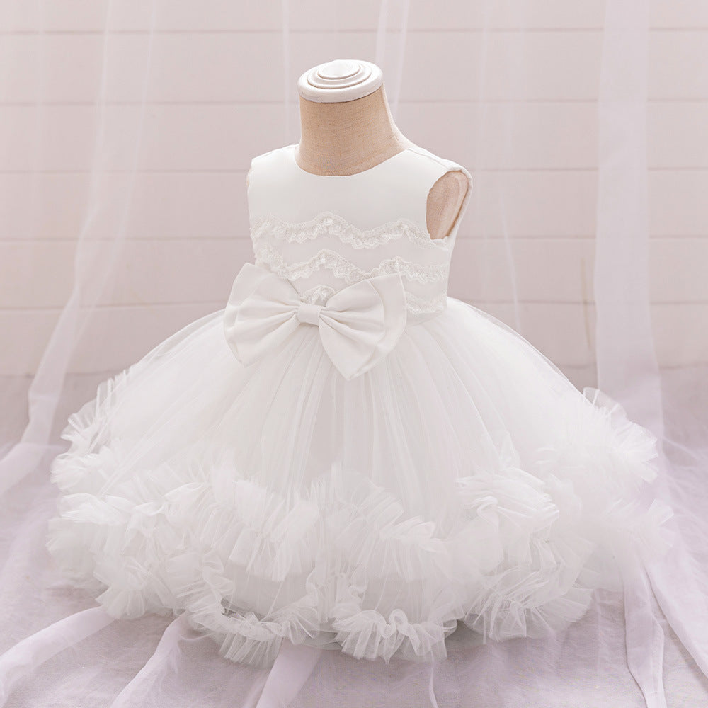 Cute Puffy Tulle Flower Girl Ball Gown Dress – Tiered Pleated Bow White Party Dress