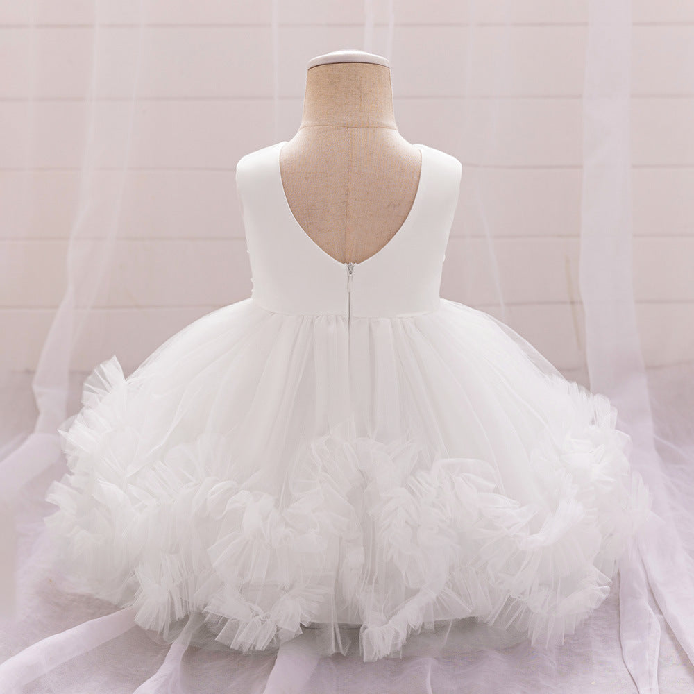 Cute Puffy Tulle Flower Girl Ball Gown Dress – Tiered Pleated Bow White Party Dress