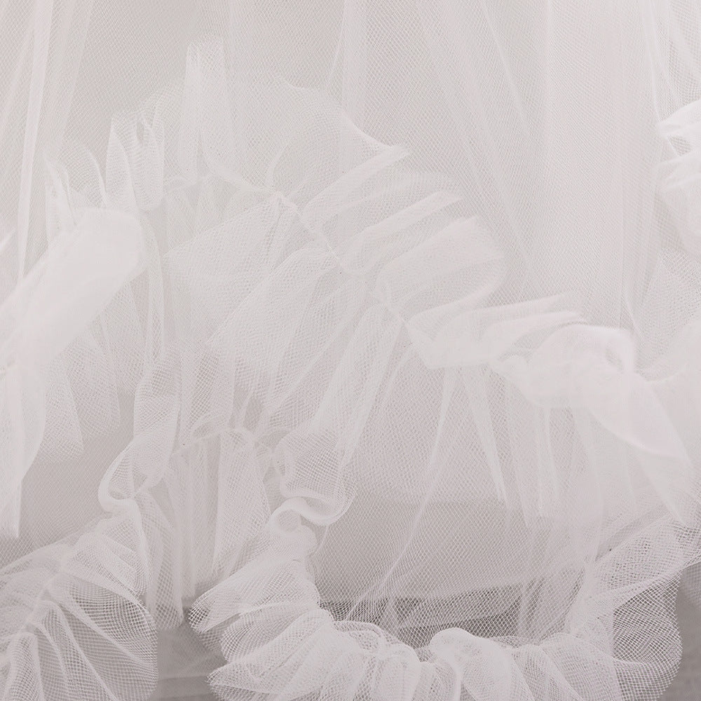 Cute Puffy Tulle Flower Girl Ball Gown Dress – Tiered Pleated Bow White Party Dress