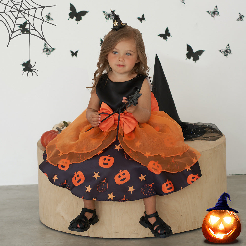 Pumpkin Cartoon Baby Girl Party Dress | Puffy Orange Tea-Length Ball Gown