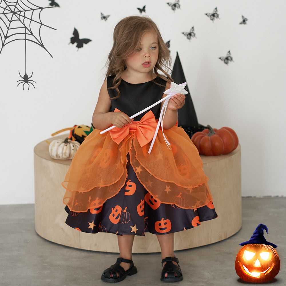 Pumpkin Cartoon Baby Girl Party Dress | Puffy Orange Tea-Length Ball Gown