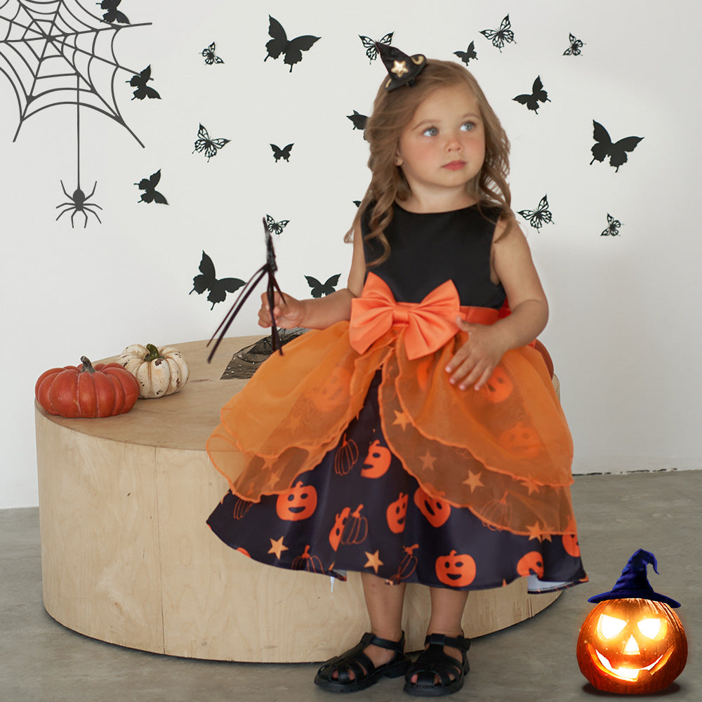 Pumpkin Cartoon Baby Girl Party Dress | Puffy Orange Tea-Length Ball Gown