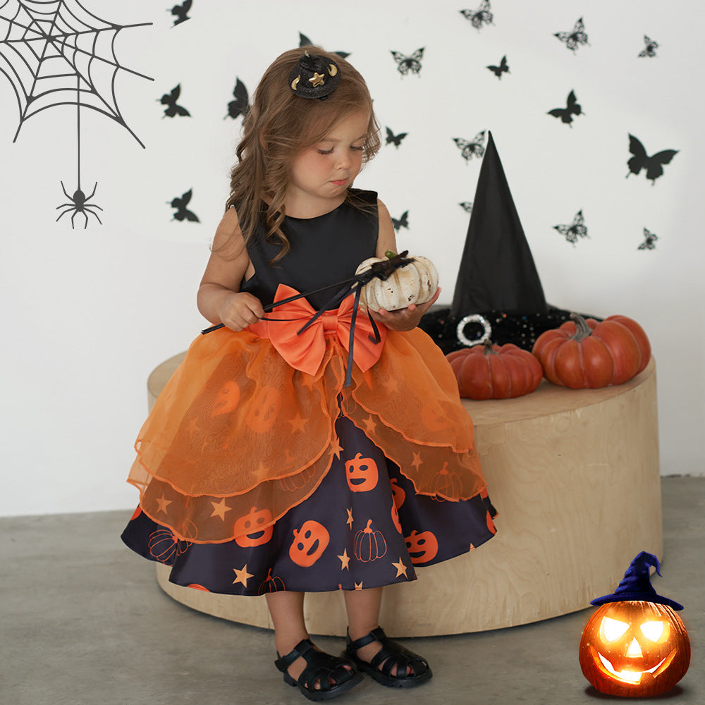 Pumpkin Cartoon Baby Girl Party Dress | Puffy Orange Tea-Length Ball Gown