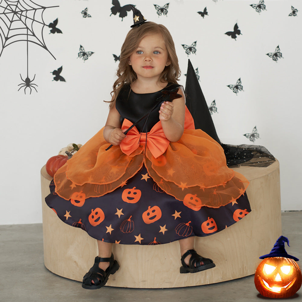 Pumpkin Cartoon Baby Girl Party Dress | Puffy Orange Tea-Length Ball Gown