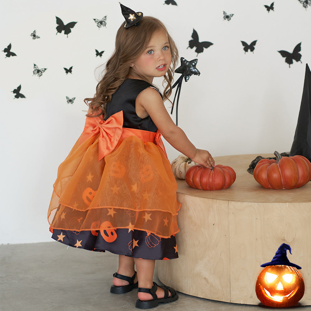 Pumpkin Cartoon Baby Girl Party Dress | Puffy Orange Tea-Length Ball Gown