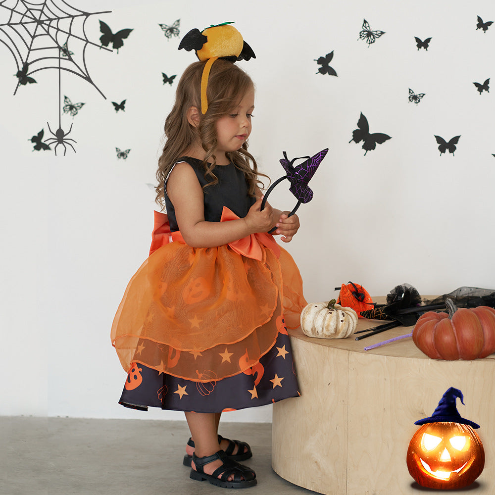Pumpkin Cartoon Baby Girl Party Dress | Puffy Orange Tea-Length Ball Gown