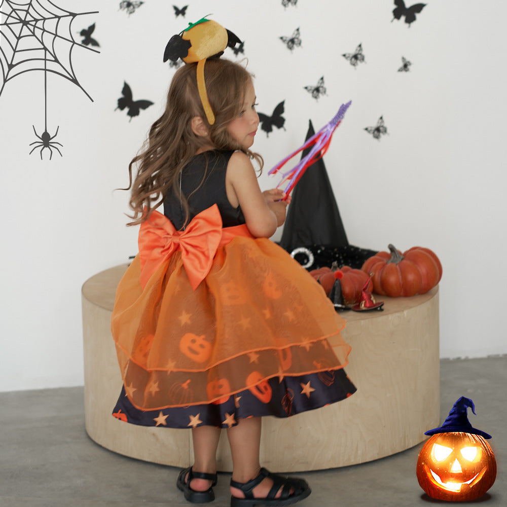 Pumpkin Cartoon Baby Girl Party Dress | Puffy Orange Tea-Length Ball Gown