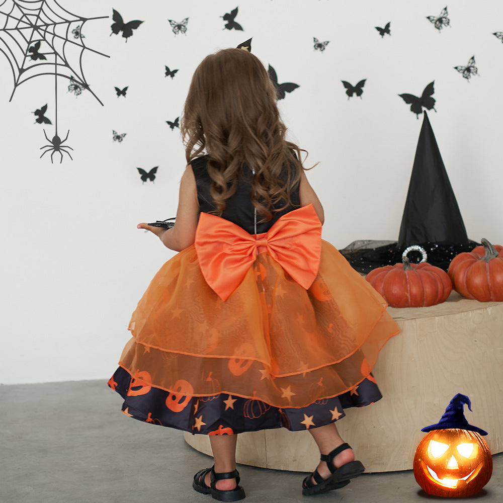 Pumpkin Cartoon Baby Girl Party Dress | Puffy Orange Tea-Length Ball Gown