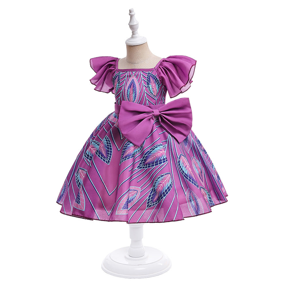 Purple A-Line Princess Dress with Cartoon Print & Bowknot for Girls