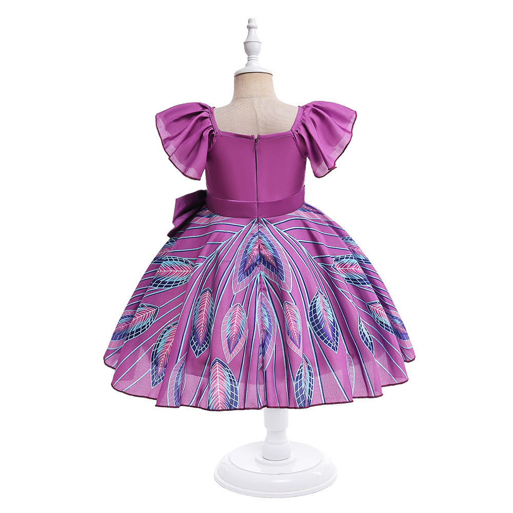 Purple A-Line Princess Dress with Cartoon Print & Bowknot for Girls