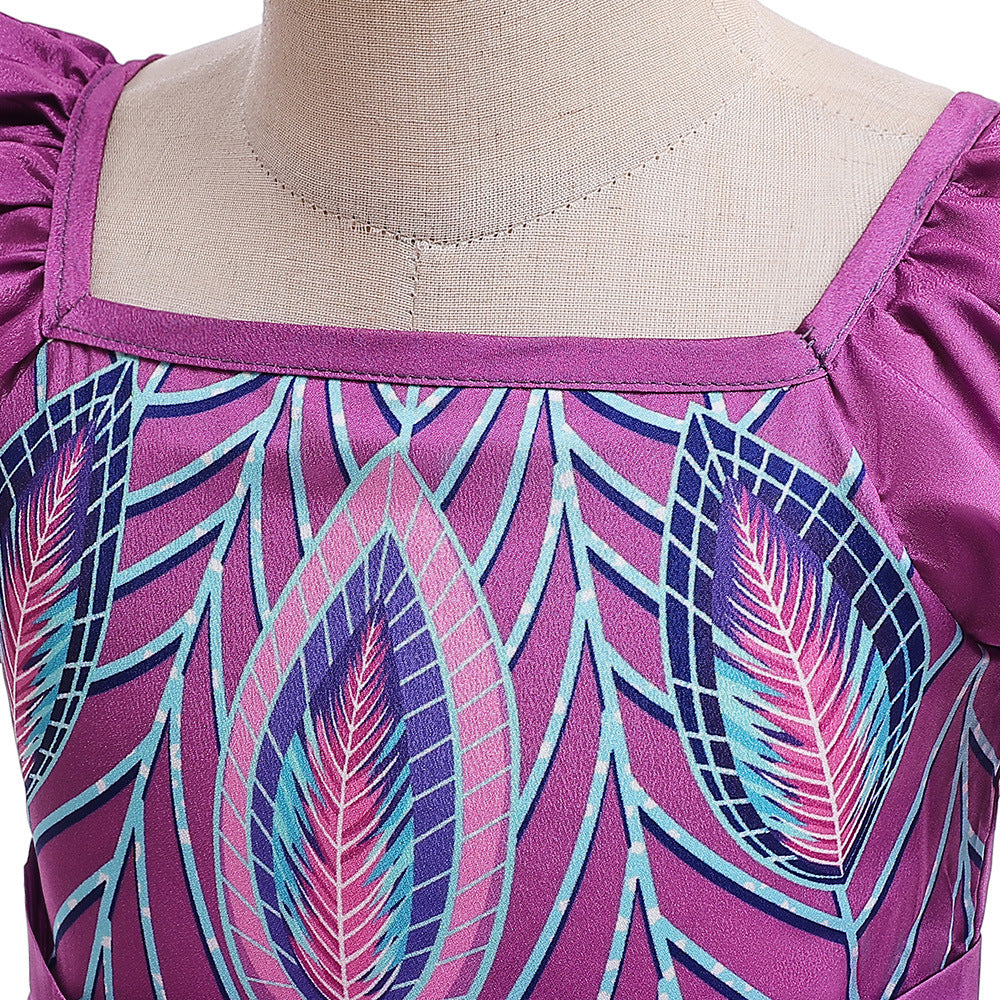 Purple A-Line Princess Dress with Cartoon Print & Bowknot for Girls