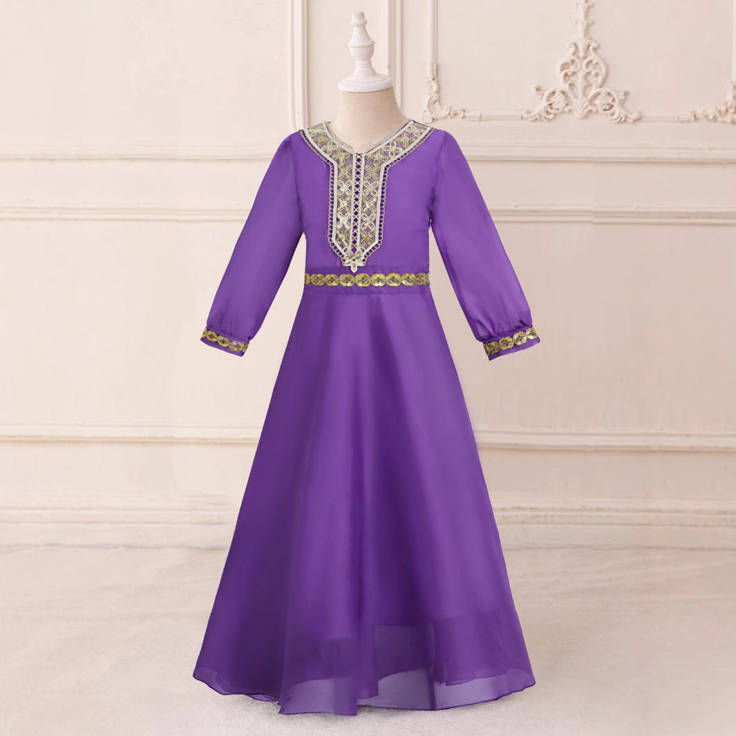 Purple Chiffon Maxi Dress for Girls with Sequins & Embroidery | Long Sleeve Party Gown Ages 5-13
