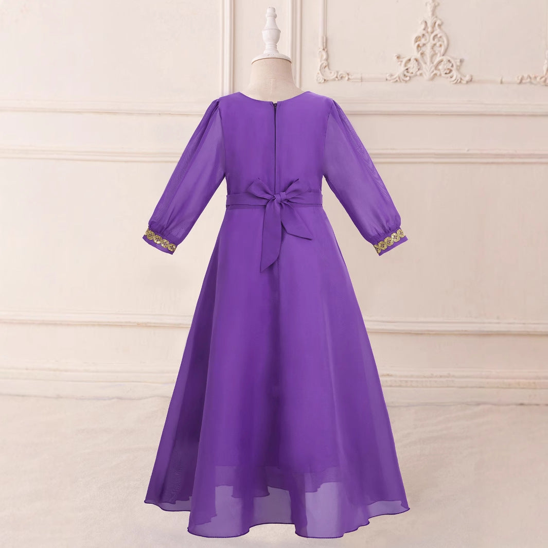 Purple Chiffon Maxi Dress for Girls with Sequins & Embroidery | Long Sleeve Party Gown Ages 5-13