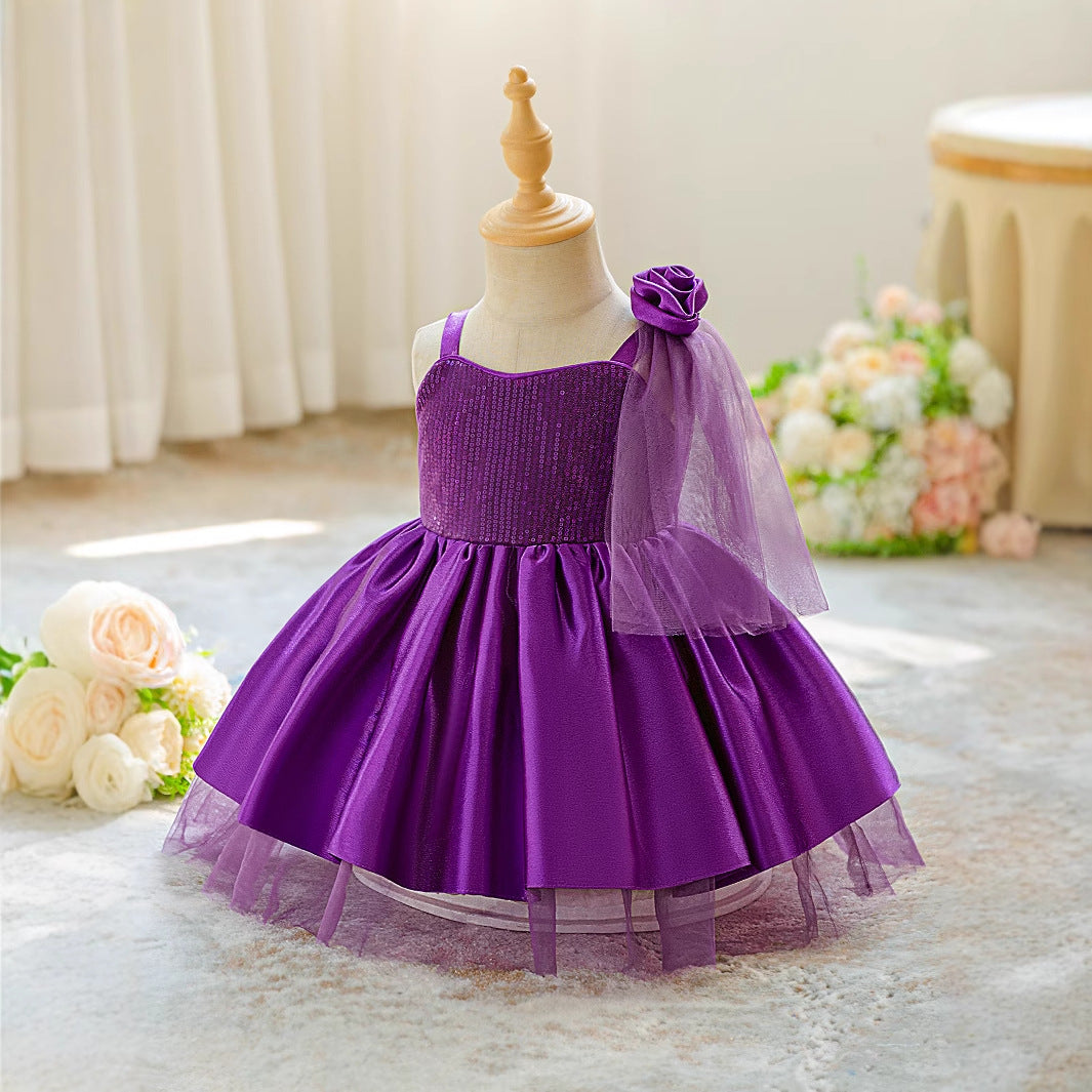 Purple Puffy Off-Shoulder Tea-Length Ball Gown for Girls – Party & Wedding Dress