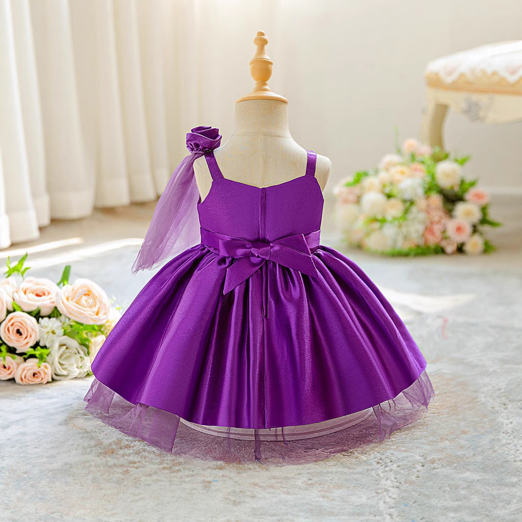 Purple Puffy Off-Shoulder Tea-Length Ball Gown for Girls – Party & Wedding Dress